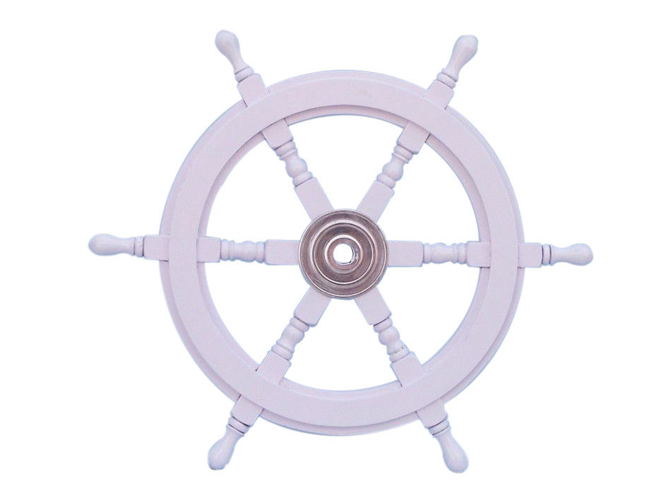 Deluxe Class White Wood and Chrome Ship Decorative Steering Wheel 24"