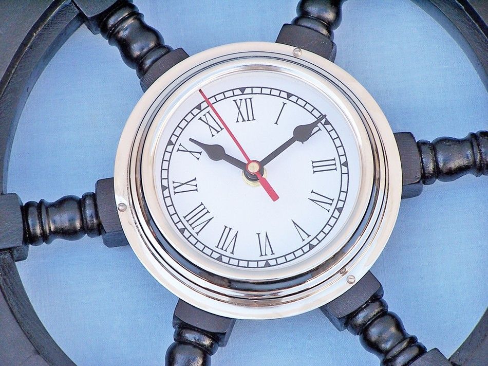 Deluxe Class Wood and Chrome Pirate Ship Wheel Clock 18"