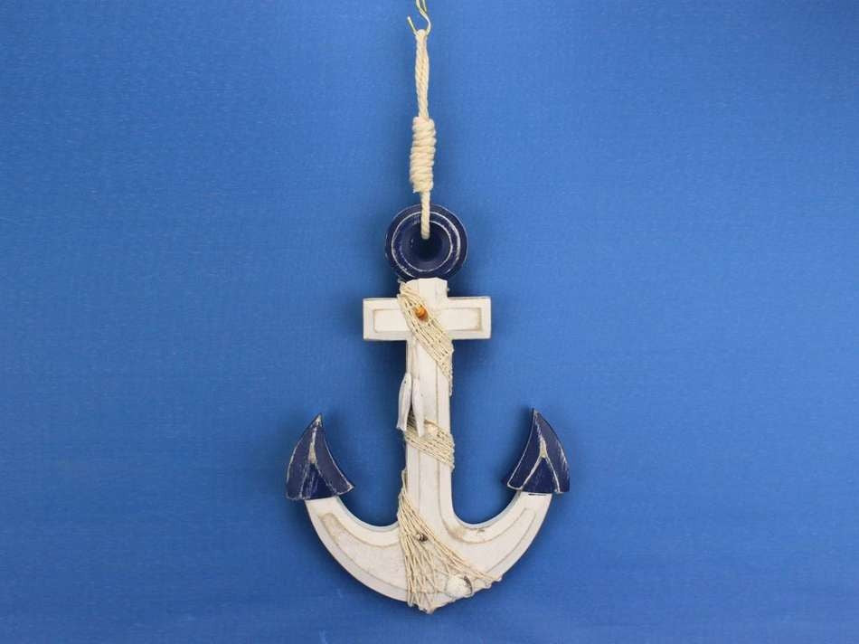 Wooden Rustic Blue/White Anchor w/ Hook Rope and Shells 13"
