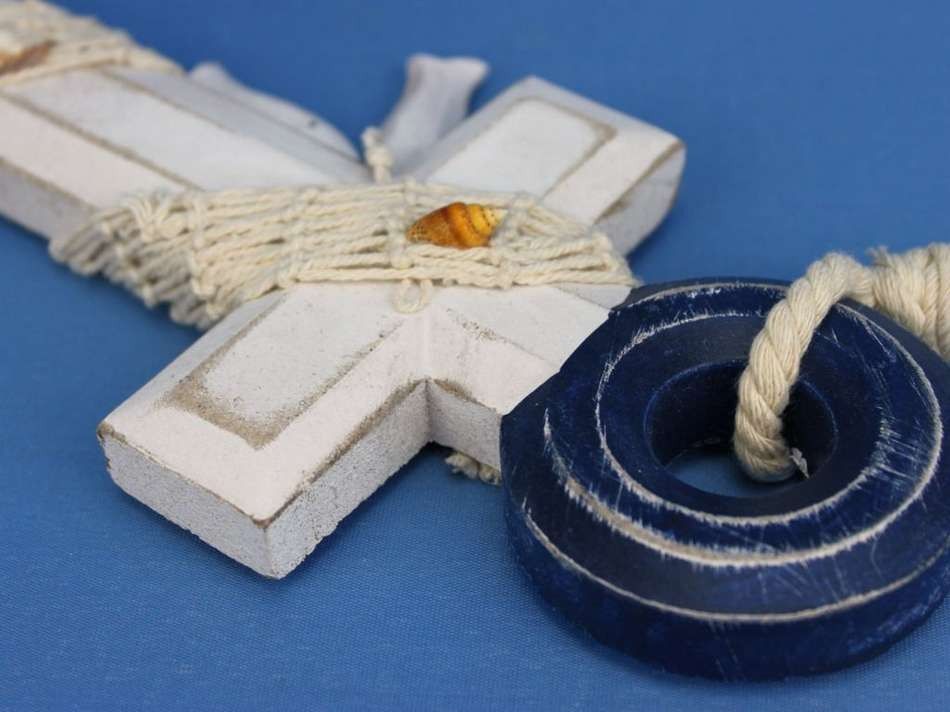 Wooden Rustic Blue/White Anchor w/ Hook Rope and Shells 13"