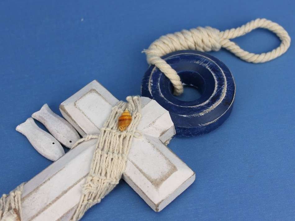 Wooden Rustic Blue/White Anchor w/ Hook Rope and Shells 13"