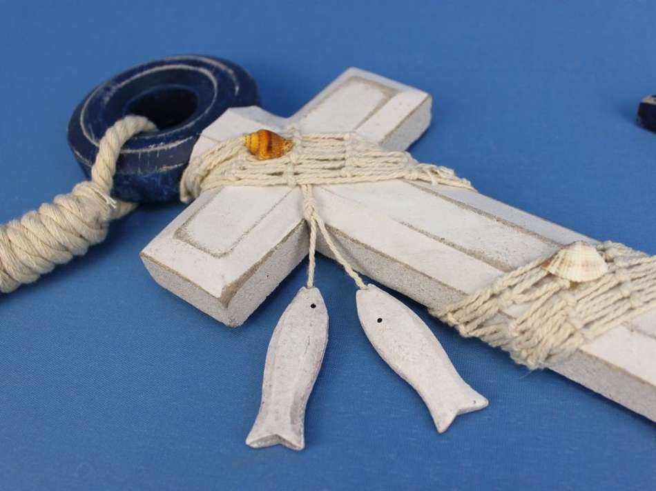 Wooden Rustic Blue/White Anchor w/ Hook Rope and Shells 13"