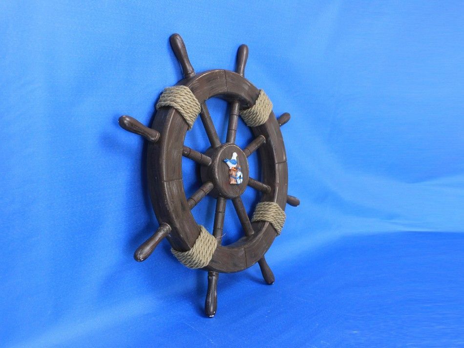 Rustic Wood Finish Decorative Ship Wheel with Seagull and Lifering 18"