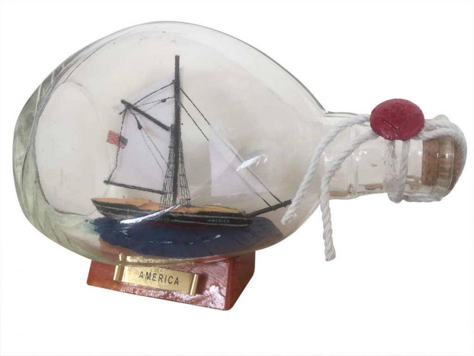 America Sailboat in a Glass Bottle 7"
