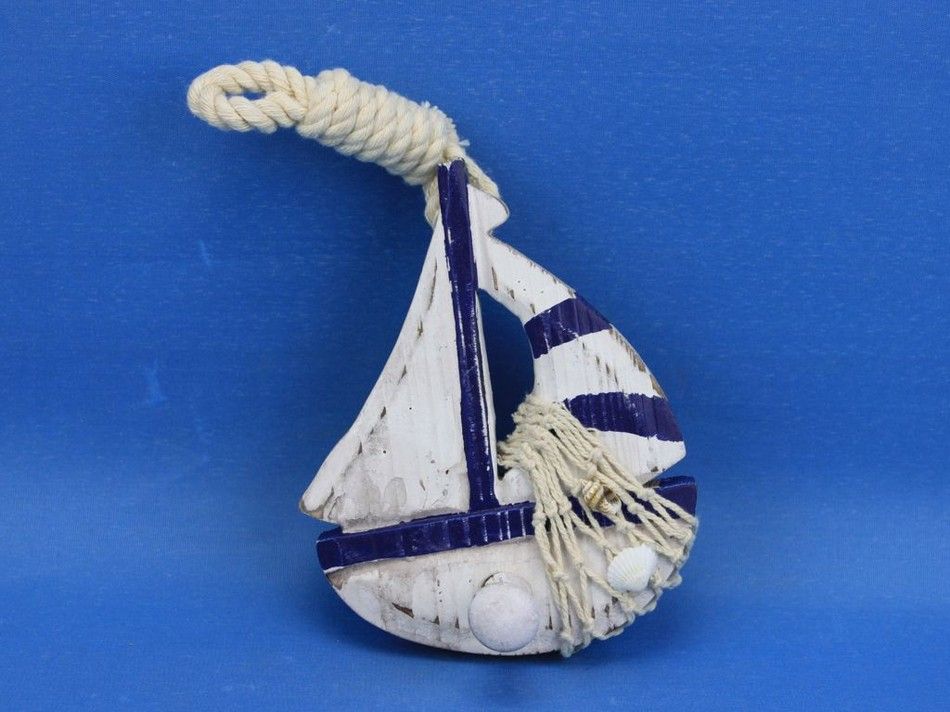Wooden Rustic Decorative Blue Sailboat/Anchor Wall Accent w/ Hook Set 6"