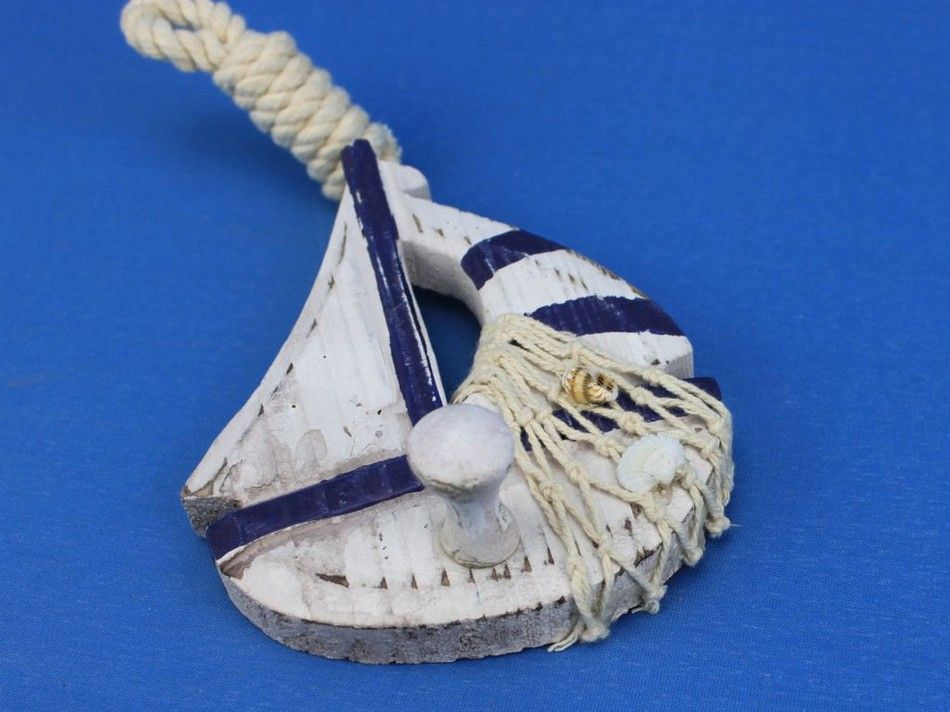 Wooden Rustic Decorative Blue Sailboat/Anchor Wall Accent w/ Hook Set 6"