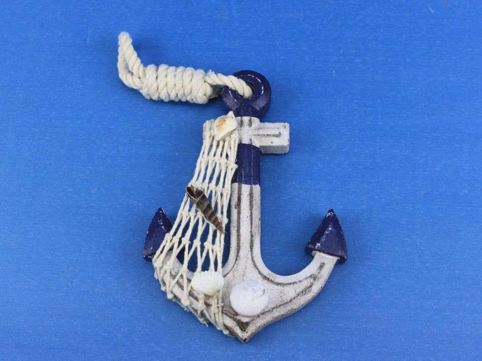 Wooden Rustic Decorative Blue Sailboat/Anchor Wall Accent w/ Hook Set 6"
