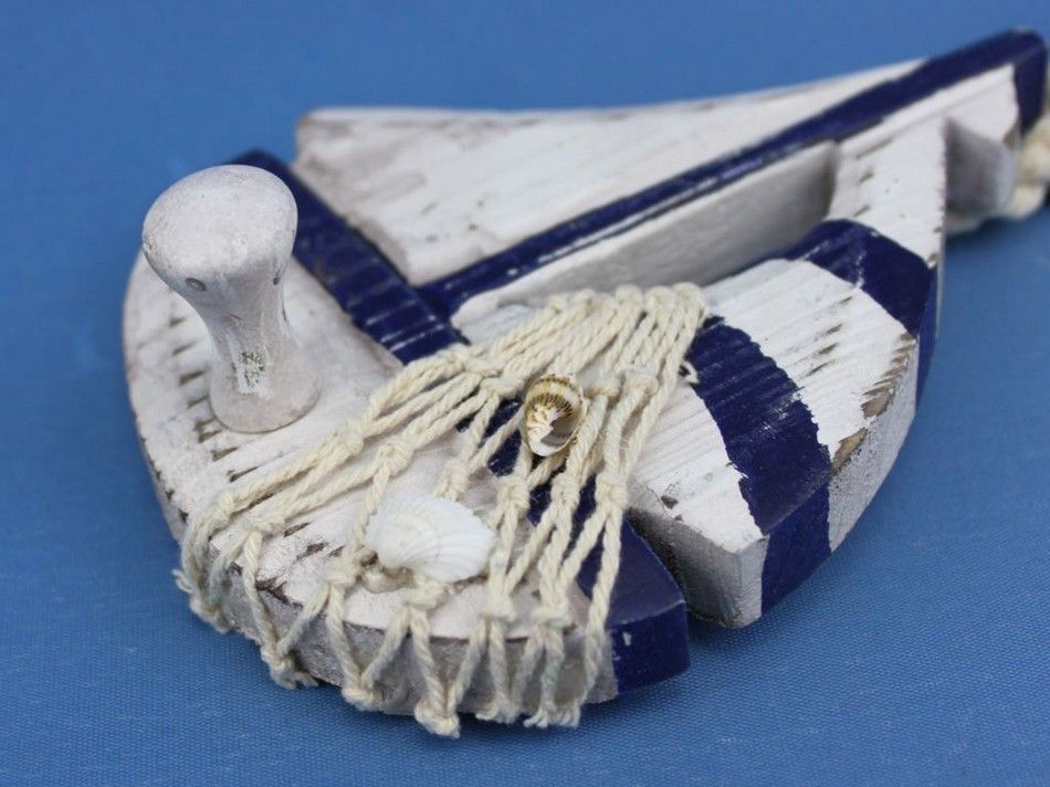 Wooden Rustic Decorative Blue Sailboat/Anchor Wall Accent w/ Hook Set 6"