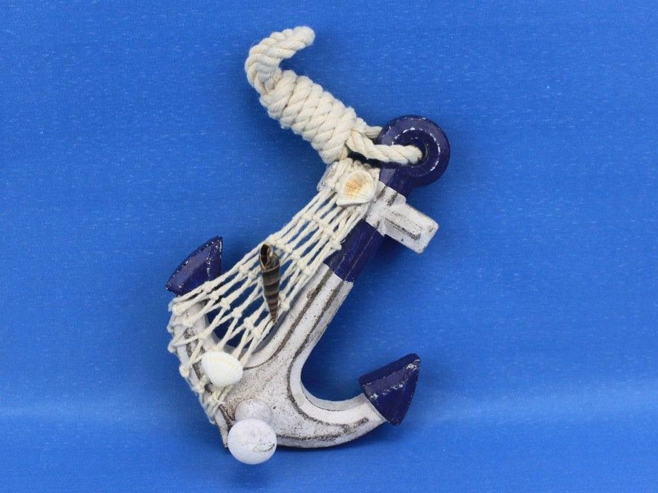 Wooden Rustic Decorative Blue Sailboat/Anchor Wall Accent w/ Hook Set 6"