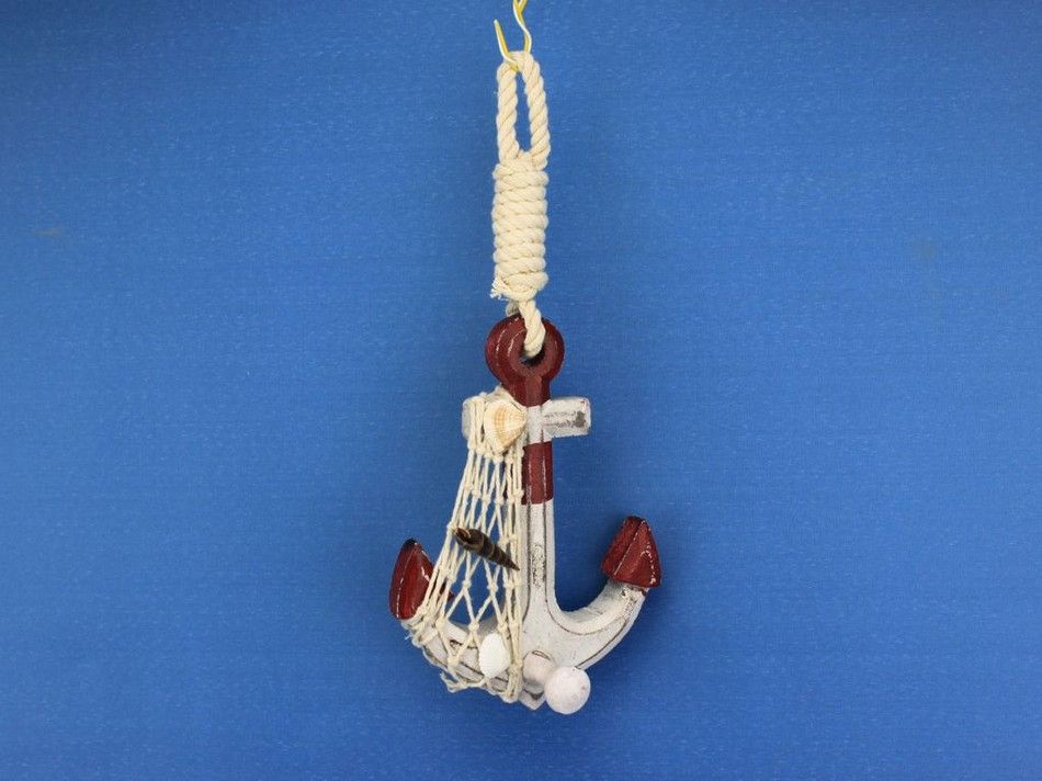 Wooden Rustic Red Decorative Sailboat/Anchor Wall Accent w/ Hook Set 6"