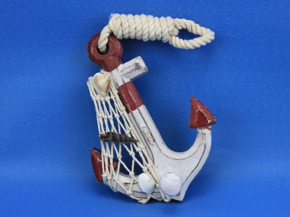 Wooden Rustic Red Decorative Sailboat/Anchor Wall Accent w/ Hook Set 6"