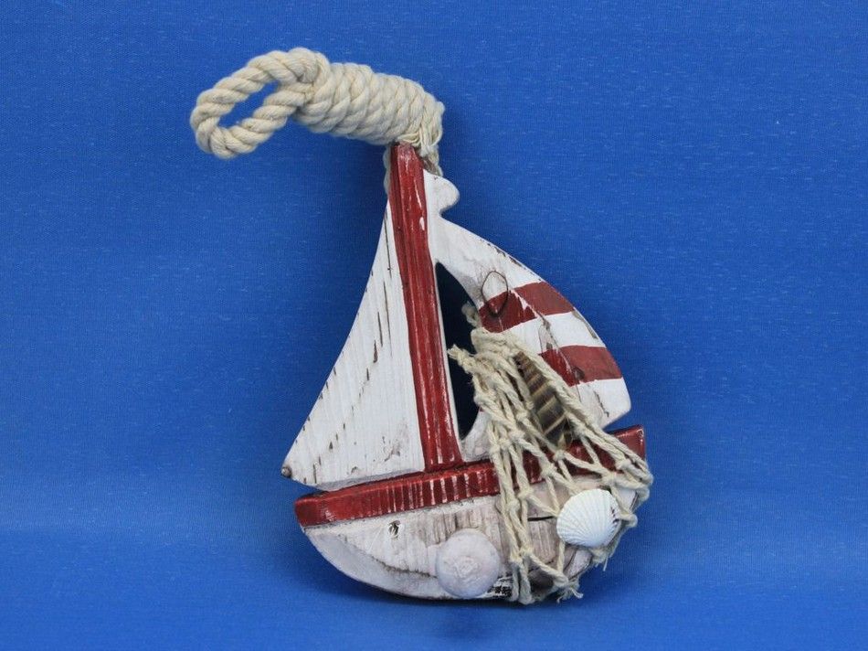 Wooden Rustic Red Decorative Sailboat/Anchor Wall Accent w/ Hook Set 6"