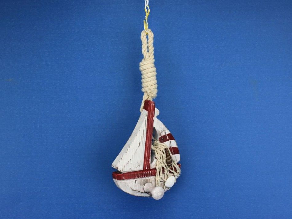 Wooden Rustic Red Decorative Sailboat/Anchor Wall Accent w/ Hook Set 6"