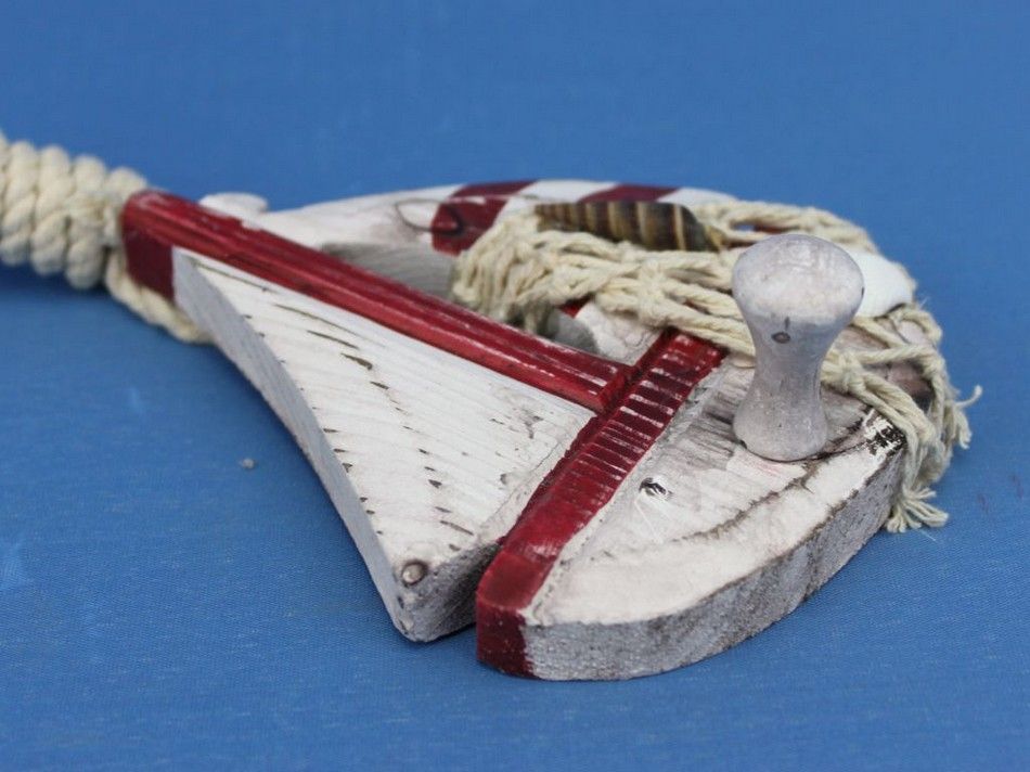 Wooden Rustic Red Decorative Sailboat/Anchor Wall Accent w/ Hook Set 6"