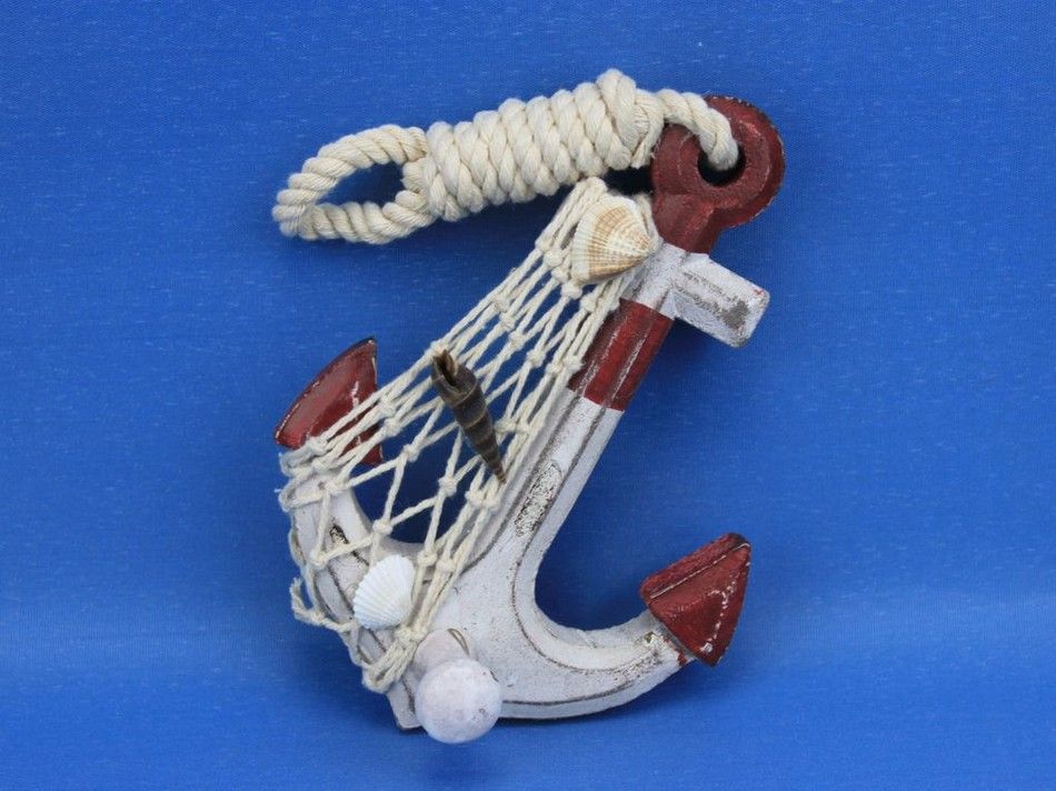 Wooden Rustic Red Decorative Sailboat/Anchor Wall Accent w/ Hook Set 6"
