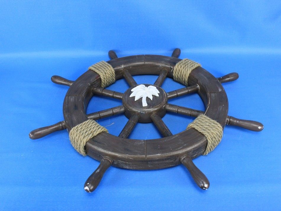 Rustic Wood Finish Decorative Ship Wheel with Palm Tree 18"