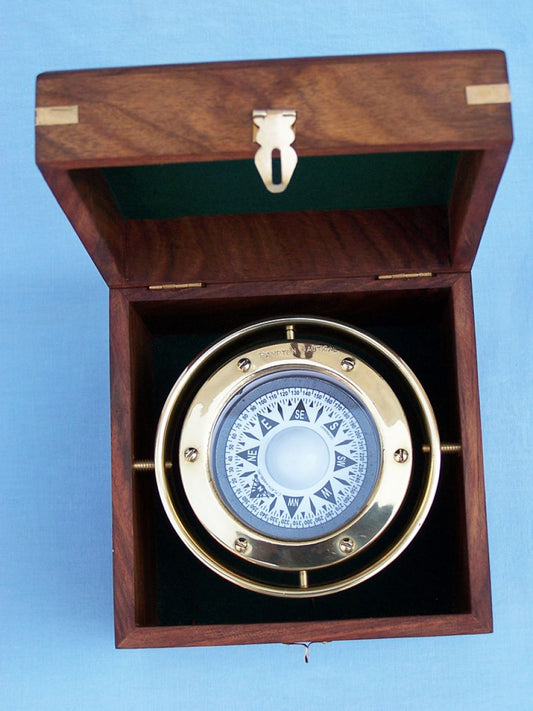 Solid Brass Gimble Compass w/ Rosewood Box 6"