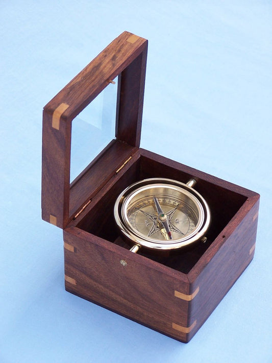 Solid Brass Lifeboat Compass w/ Rosewood Box 5"