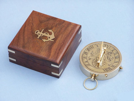 Solid Brass Admiral's Sundial Compass w/ Rosewood Box 4"