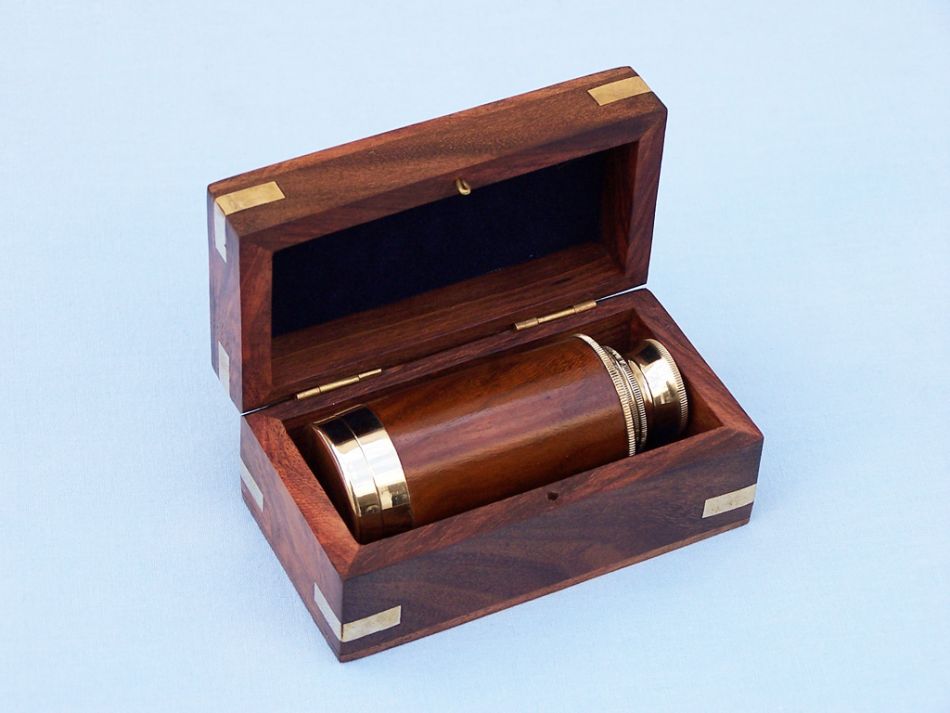 Deluxe Class Solid Brass - Wood Scout's Spyglass Telescope 7" w/ Rosewood Box