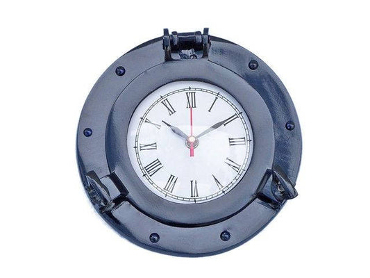 Brass Deluxe Class Porthole Clock 8" - Dark Blue