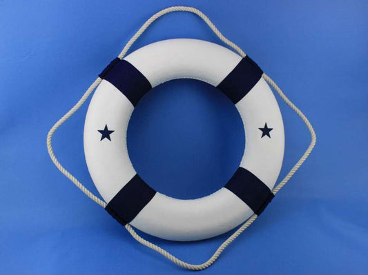 Classic White Decorative Lifering with Blue Bands 20"