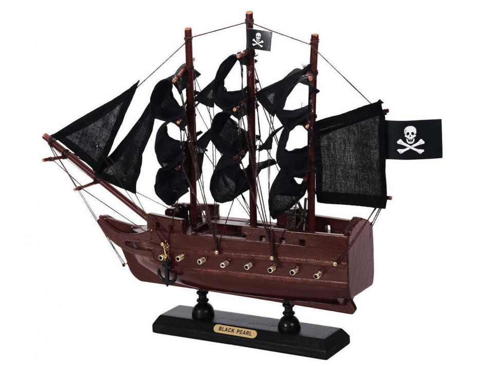 Wooden Black Pearl with Black Sails Model Pirate Ship 12"