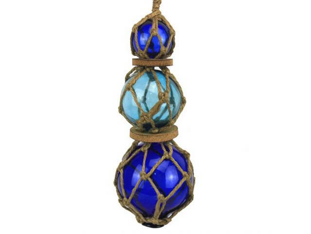 Blue - Light Blue - Blue Japanese Glass Ball Fishing Floats with Brown Netting Decoration 11"