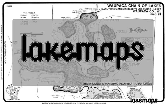 Waupaca County, WI - Waupaca Lake Chain - Map 1 Marl/ Pope/ Manomin - Lakemap - 23803