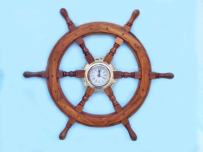 Deluxe Class Wood And Brass Ship Wheel Clock 24"