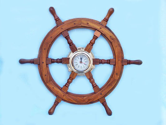 Deluxe Class Wood And Brass Ship Wheel Clock 24"