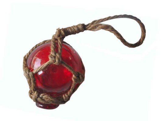 Red Japanese Glass Ball Fishing Float With Brown Netting Decoration 2"