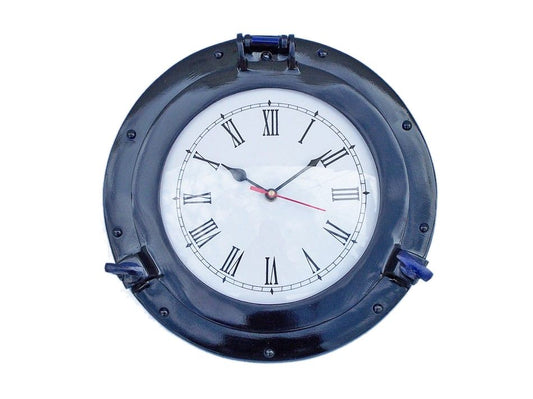 Brass Deluxe Class Porthole Clock 12" - Dark Blue