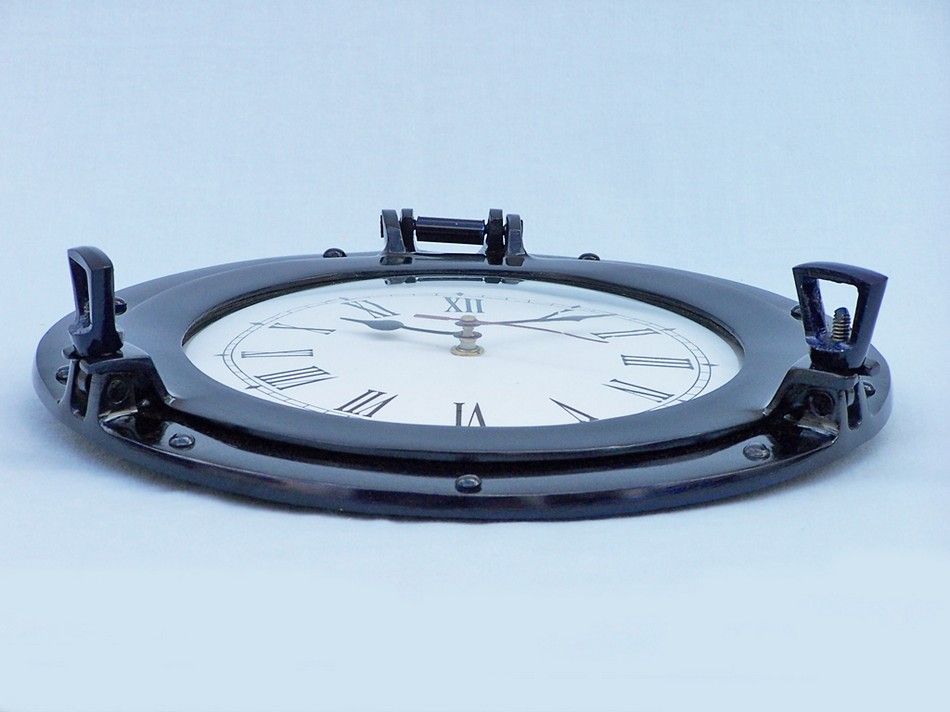 Brass Deluxe Class Porthole Clock 12" - Dark Blue