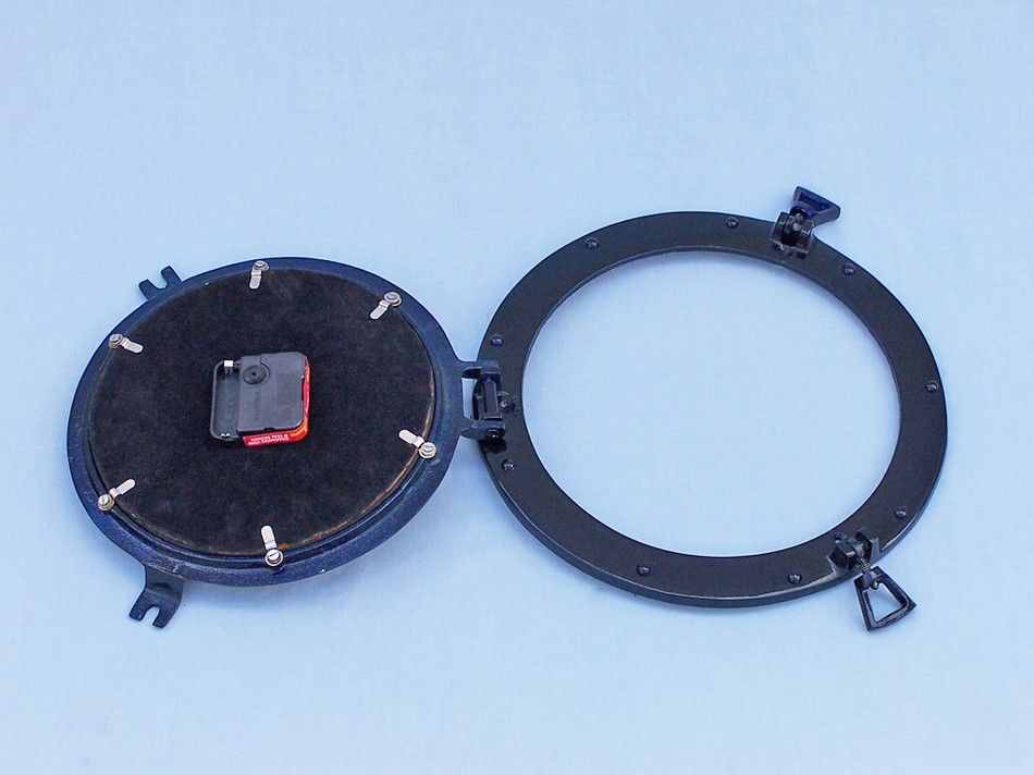 Brass Deluxe Class Porthole Clock 12" - Dark Blue