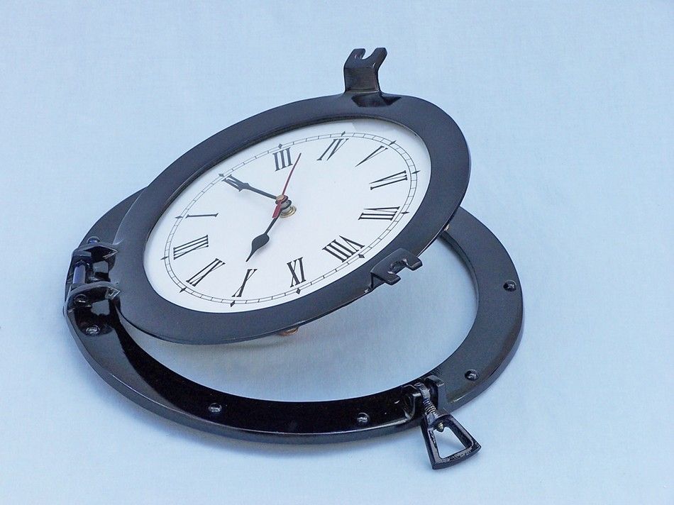 Brass Deluxe Class Porthole Clock 12" - Dark Blue