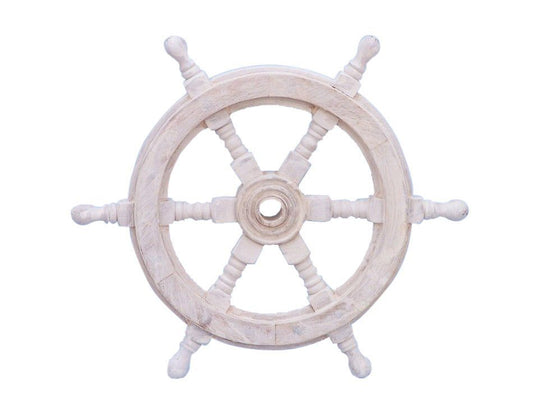 Classic Wooden Whitewashed Decorative Ship Steering Wheel 12"
