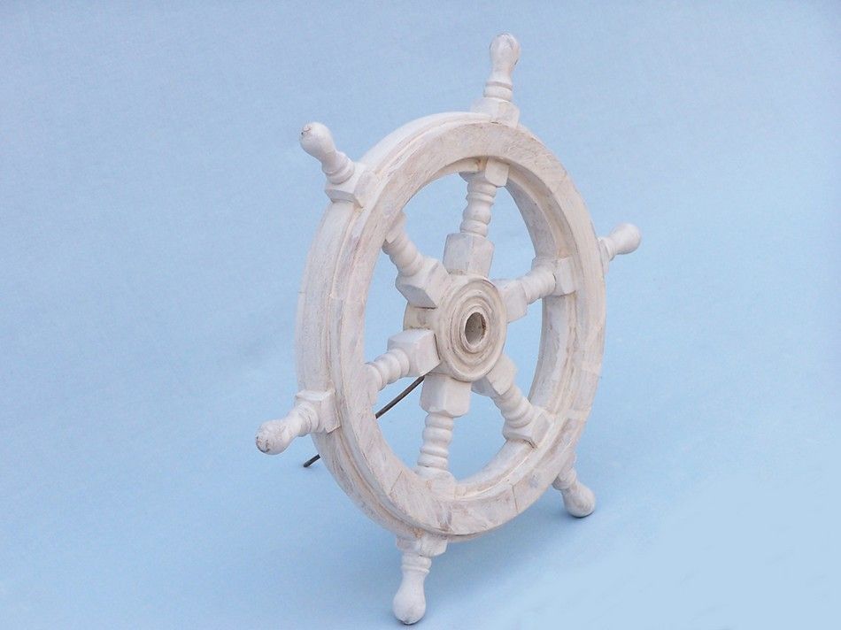 Classic Wooden Whitewashed Decorative Ship Steering Wheel 12"