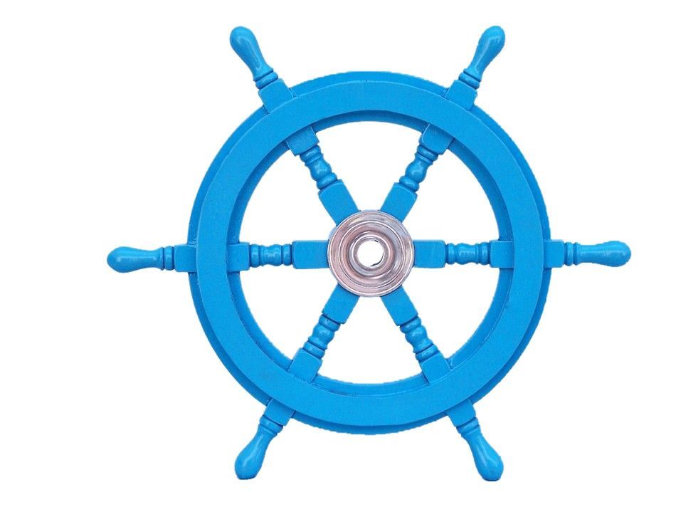 Deluxe Class Light Blue Wood and Chrome Decorative Ship Steering Wheel 18"