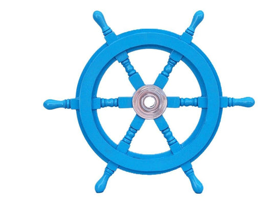 Deluxe Class Light Blue Wood and Chrome Decorative Ship Steering Wheel 18"