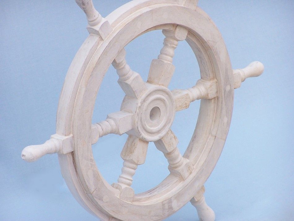 Classic Wooden Whitewashed Decorative Ship Steering Wheel 18"
