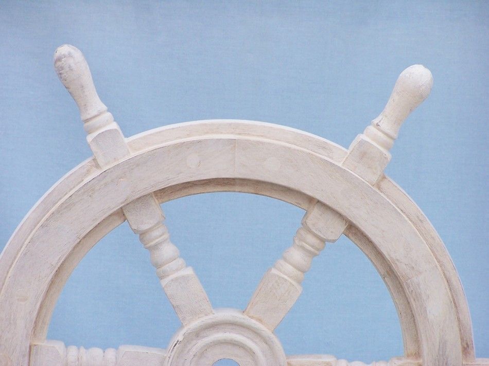 Classic Wooden Whitewashed Decorative Ship Steering Wheel 18"