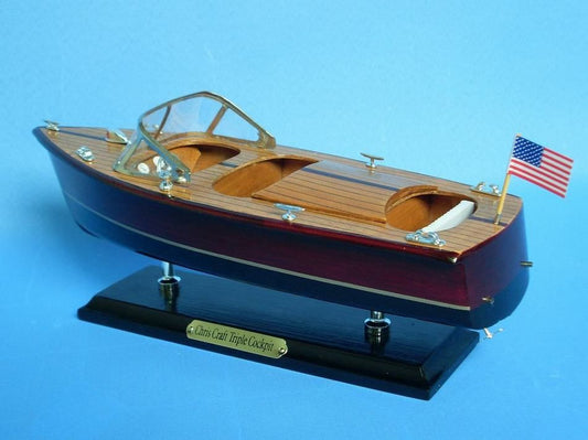 Wooden Chris Craft Triple Cockpit Model Speedboat 14"