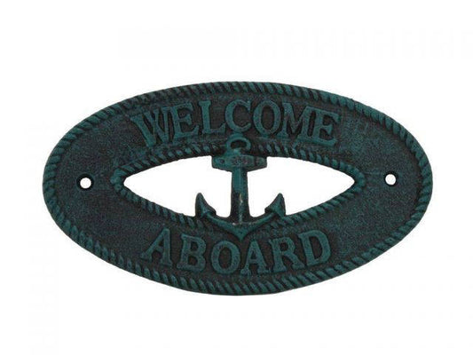 Seaworn Blue Cast Iron Welcome Aboard with Anchor Sign 8"