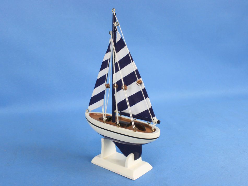 Wooden Blue Striped Pacific Sailer Model Sailboat Decoration 9"