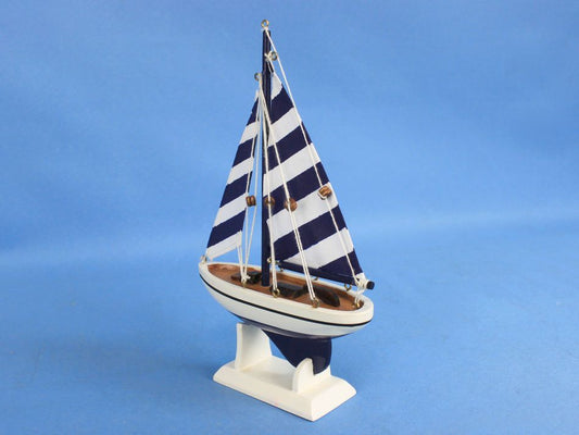 Wooden Blue Striped Pacific Sailer Model Sailboat Decoration 9"