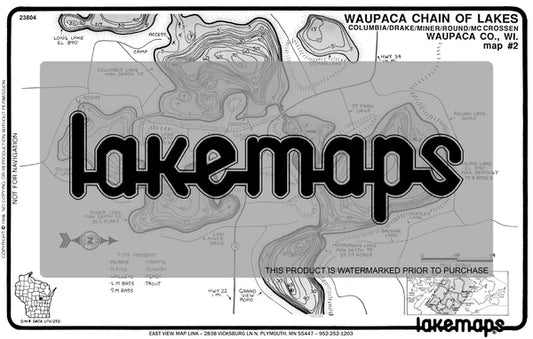 Waupaca County, WI - Waupaca Lake Chain - Map 2 Columbia/Dake/Miner - Lakemap - 23804