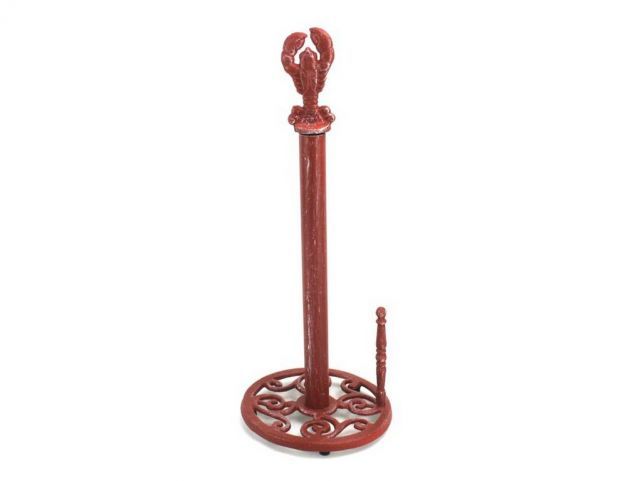 Red Whitewashed Cast Iron Lobster Paper Towel Holder 16"