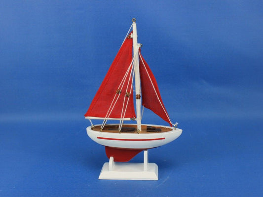 Wooden Red Pacific Sailer with Red Sails Model Sailboat Decoration 9"