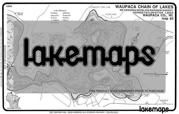 Waupaca County, WI - Waupaca Lake Chain - Map 3 McCrossen/ Nessling - Lakemap - 23805